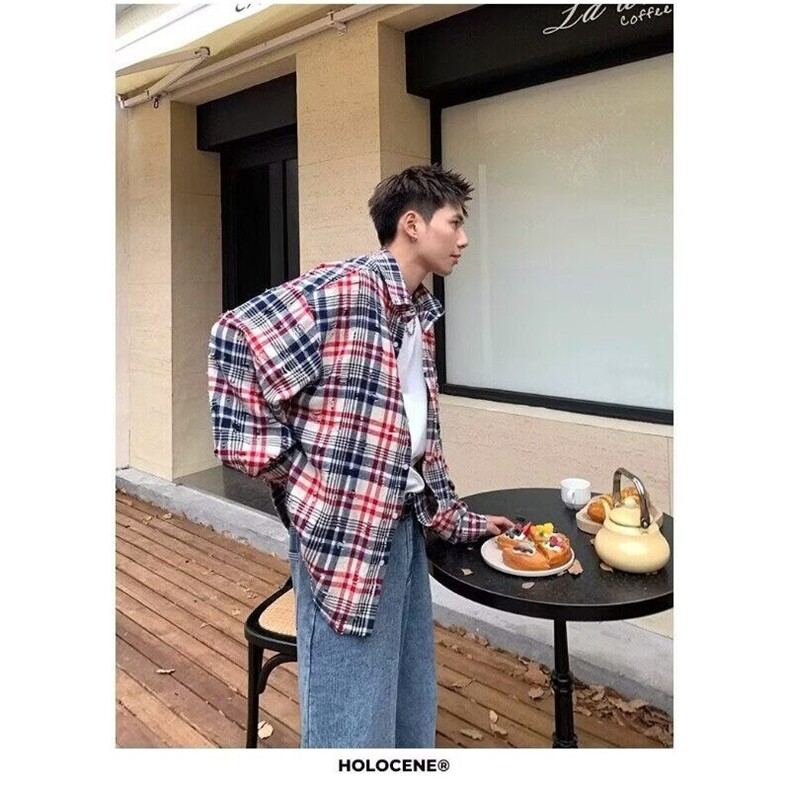W9490-P43网图现货新款高质量格子磨破衬衫宽松潮流百搭外套,男装衬衫,星座1608-2