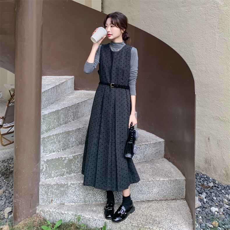 【】灰色毛呢波点背心裙打底衫套装#8615-P155-K228,女装套装/套裙,2C111