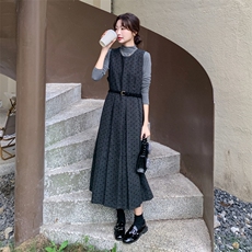 【】灰色毛呢波点背心裙打底衫套装#8615-P155-K228，女装套装/套裙，2C111