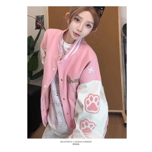 美式复古猫爪刺绣撞色棒球服慵懒风宽松百搭外套图片