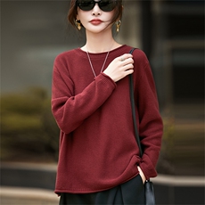 2025年秋季加厚纯色卷边圆领时尚百搭通勤简约休闲，女装针织衫/毛衣，秋虹羊绒