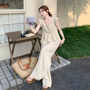 浅卡其色法式盐系穿搭温柔风上衣套装女夏季2025新款阔腿裤两件套图片