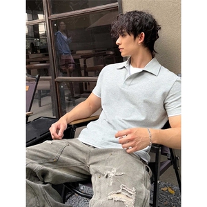 美式假两件polo衫短袖男款夏季重磅短宽版型t恤翻领运动健身半截图片