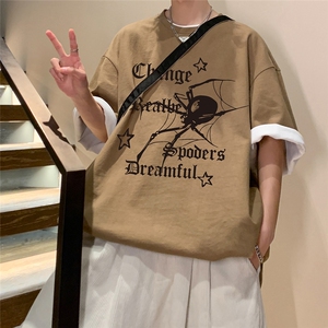 港风 24夏季个性蜘蛛字母印花宽松百搭短袖T恤 T61120 P25控38图片