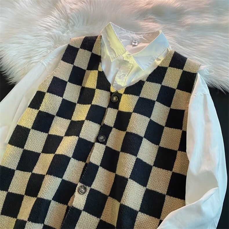 棋盘格撞色开衫毛衣马甲慵懒风情侣宽松V领针织背心Y6613P38图片