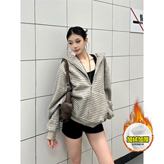 480G重磅加绒硬挺boxy男女秋冬美式高街条纹毛呢卫衣开衫厚外套，女装短外套，电商A486-1