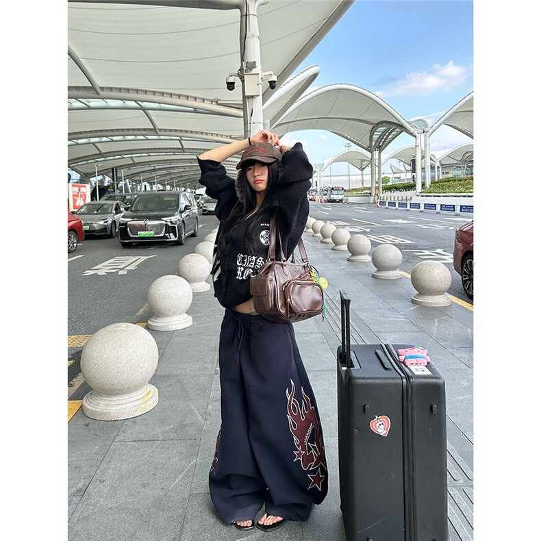 自制美式设计感火焰印花抽绳阔腿卫裤男女宽松休闲百搭长裤,男装休闲裤,星座1210-1