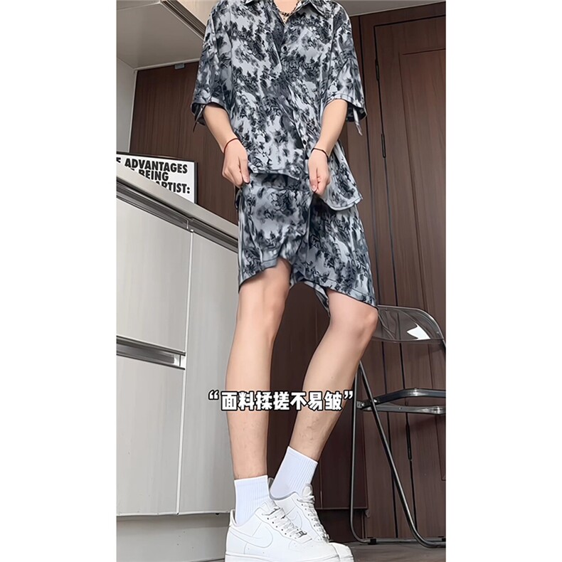 短袖衬衫男+短裤男潮流休闲套装男M-5XL大码TZ78708P50控98模特图图片