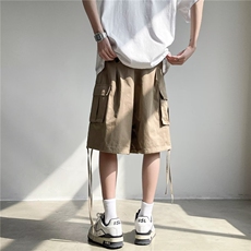 日系卡其色工装短裤男士夏季宽松大码五分裤男女潮牌阔腿休闲中裤，男装牛仔裤，星座601-2