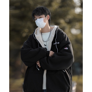 F26-P74 冬季羊羔毛加绒连帽外套男美式复古ins宽松卫衣棉服图片