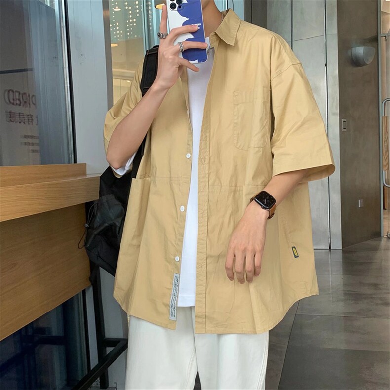 新款宽松日系短袖衬衫男工装外套in潮流休闲情侣衬衣女C2023-P28图片
