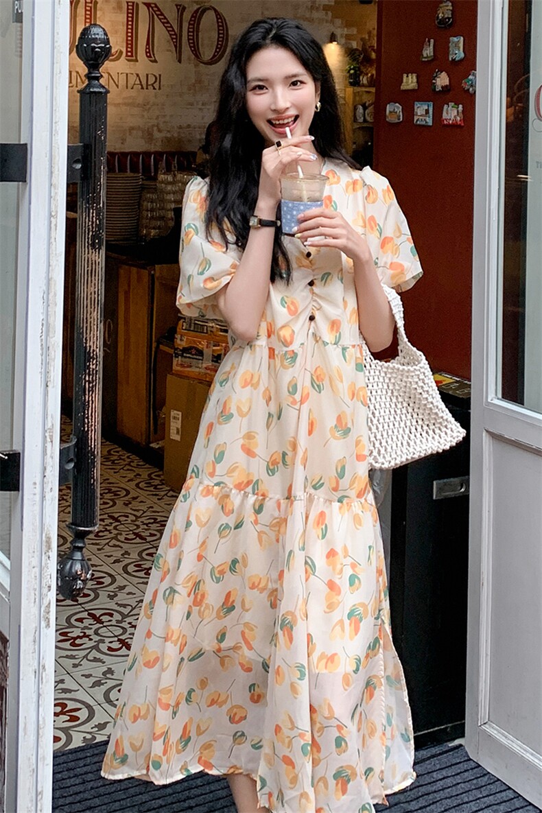 法式V领碎花连衣裙女夏气质女神范小清新泡泡袖显瘦桔梗茶歇长裙,女装连衣裙,欣美人
