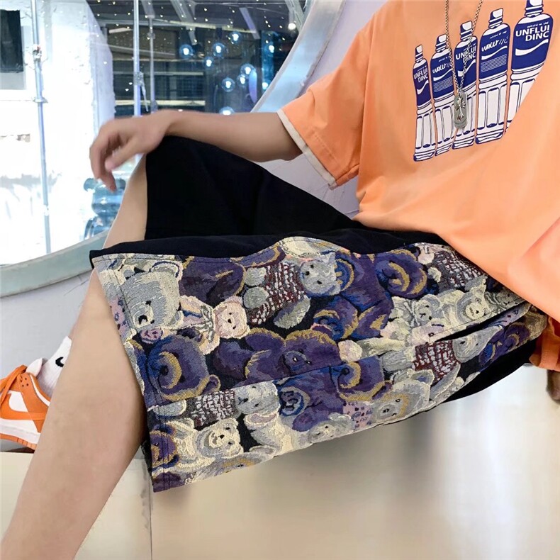 潮休闲裤中时尚潮牌潮流男宽松五分裤小熊拼接裤子DK73P30图片