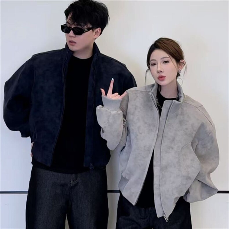 短款扎染脏脏美式复古立领PU皮夹克上衣男女同款外套JK918-特P65图片