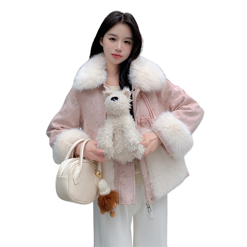 风仿狐狸毛皮草外套女2025冬季新款拼接摇粒羽绒内胆大衣,女装羽绒服,2C218