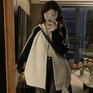 美式复古卫衣外套女春秋款韩系条纹拼接撞色连帽开衫潮C813-P100