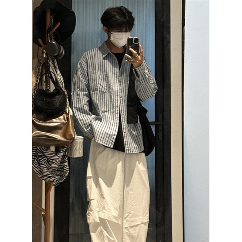港风日系竖条纹衬衫男士春秋季休闲宽松衬衣男长袖外套CB417,男装衬衫,星座1116A（原606A-3）
