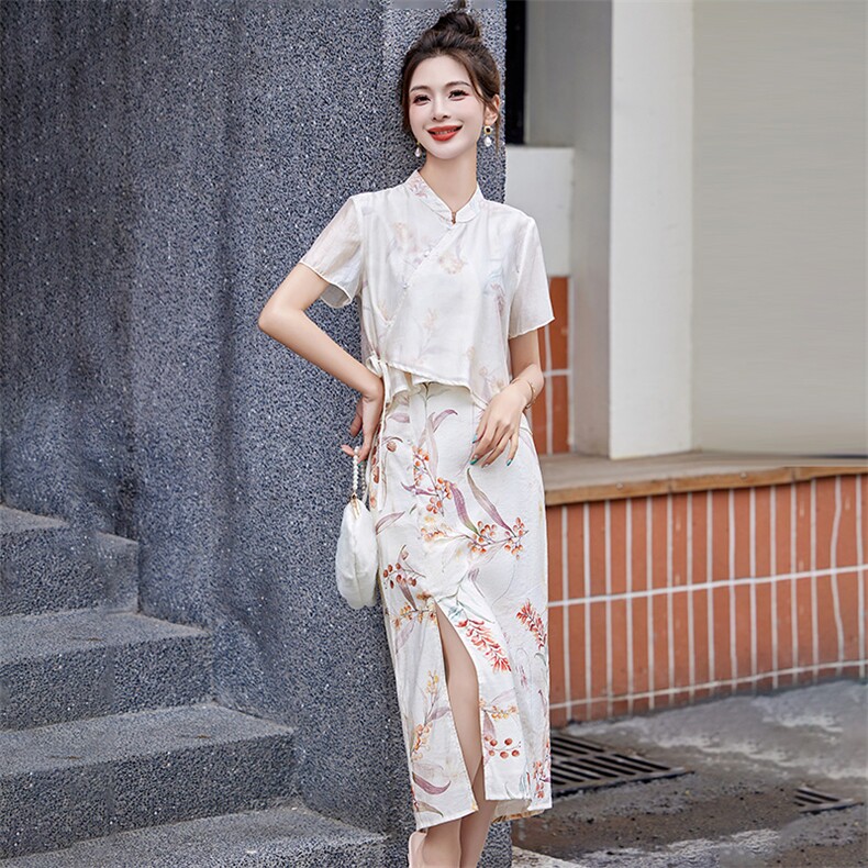 现货新中式套装女新款夏季气质时尚绝美改良旗袍两件套,女装套装/套裙,韩美纤衣