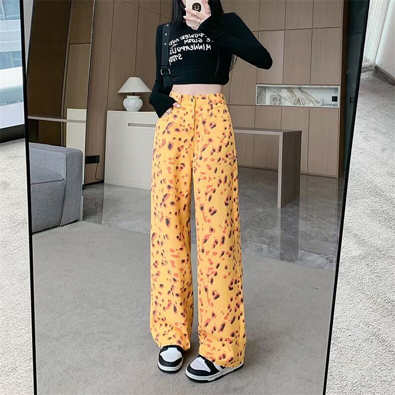 美式复古个性豹纹高腰休闲裤女2025秋季小众设计直筒拖地阔腿长裤,男装牛仔裤,星座506A
