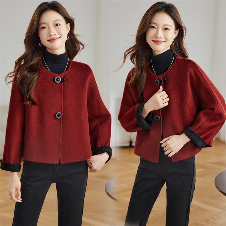 双面羊绒大衣女短款2024年新款宽松韩版蝙蝠袖慵懒风拼色全毛外套，女装毛呢外套，拾衣