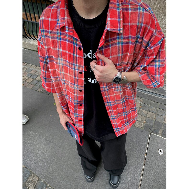 CS15-P55直播品质夏季全棉格子短袖衬衫男女宽松半袖寸衫外套,男装衬衫,电商B327