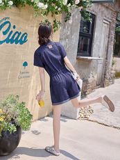 牛仔宽松连体裤女2025夏季新款网红小个子连身短裤高端外穿连衣裤，女装连体裤，E百度