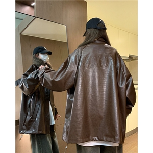 大码pu皮衣夹克钢印美式女复古oversize显瘦设计感情侣机车外套秋图片