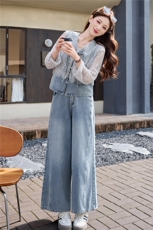 蕾丝拼接牛仔套装女春秋季新款洋气减龄阔腿裤两件套气质，女装套装/套裙，欣品汇