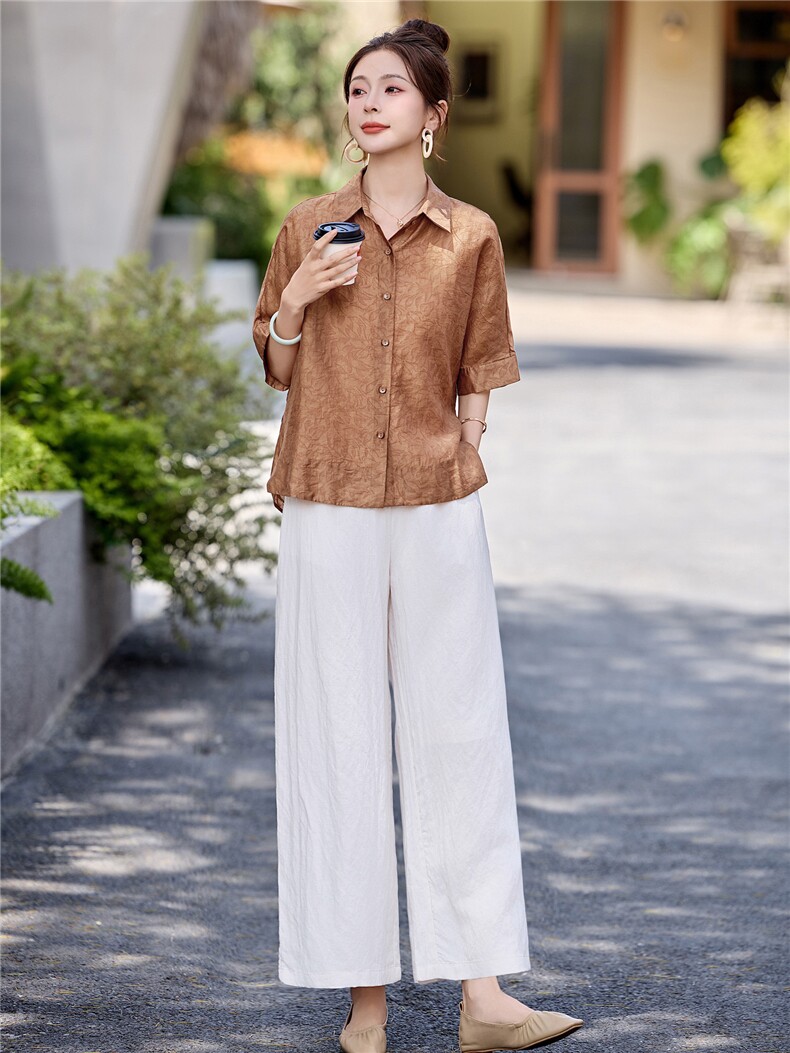 长期有货2026年夏季冰天丝时尚休闲两件套装提花衬衫休闲阔腿裤女,女装套装/套裙,璐依舞