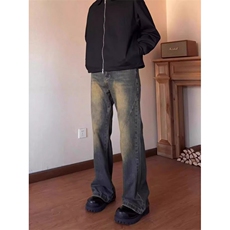 微喇叭美式复古黑灰牛仔裤男夏季高街做旧直筒宽松阔腿简约休闲裤，男装牛仔裤，星座506A