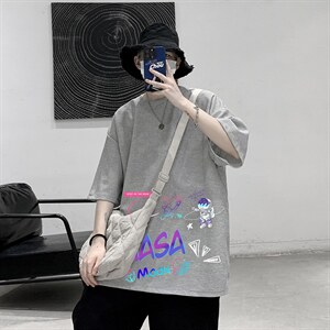 HT73186-P22 NASA 联名同款华夫格t恤男短袖男大码五分袖 大皂风图片