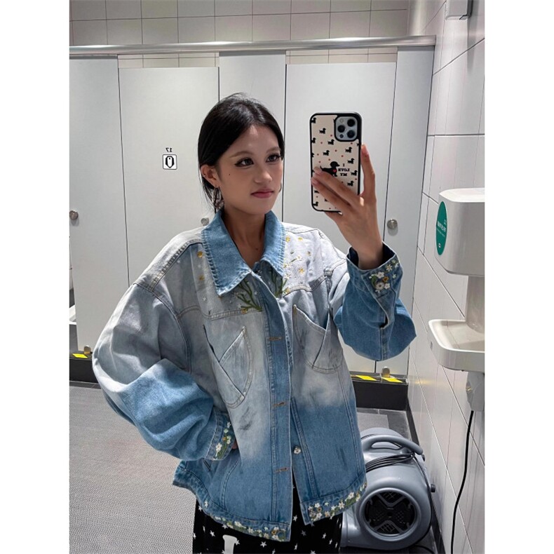 美式复古秋季新款花卉潮牌设计感渐变刺绣牛仔夹克外套男女中性风,男装夹克,星座516A