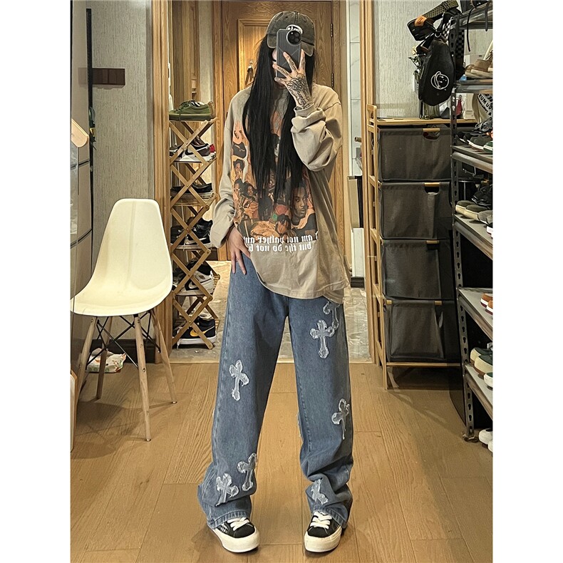 秋季新款十字架毛边贴布刺绣牛仔裤女模XZ604-KN08-P65控78,男装牛仔裤,星座604