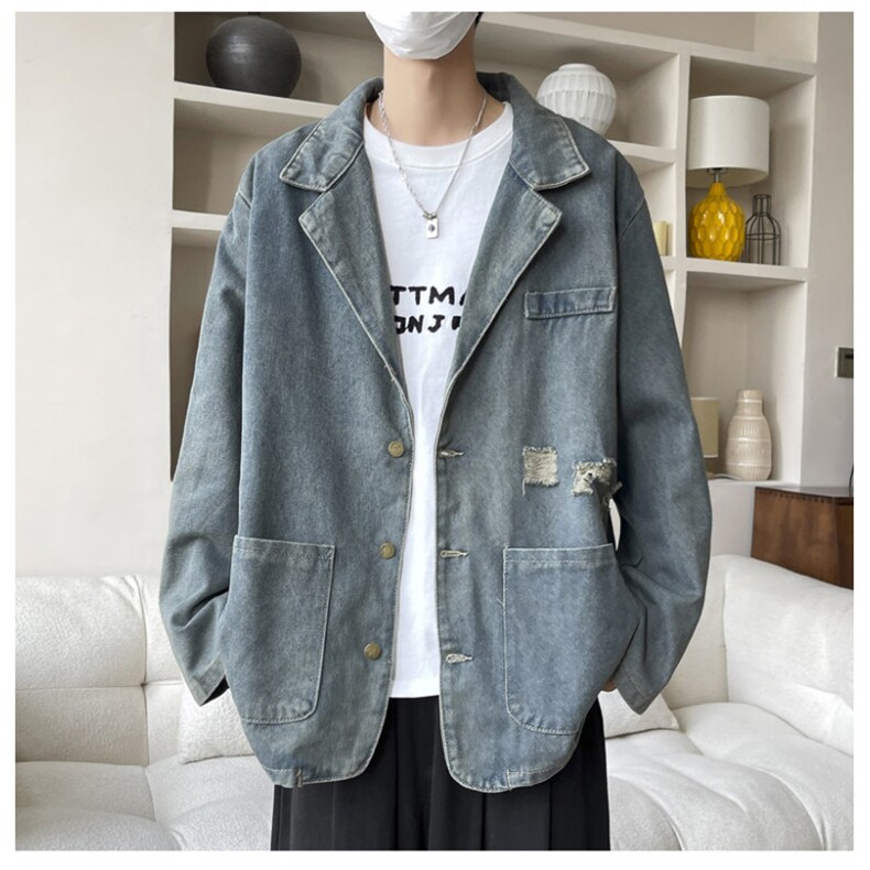 高品质秋冬款男牛仔西装领夹克破洞工装大口袋外套K1010P65,男装夹克,星座1013-1