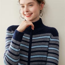 小禾同款~条纹拼色山羊绒开衫女立领修身显瘦双拉链针织毛衣外套，女装羊绒衫，纳丰羊绒