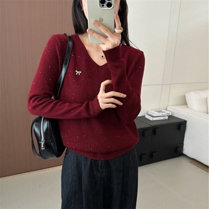 法式轻奢亮片珠片毛衣针织衫女2025新款秋冬V领无缝打底针织衫图片
