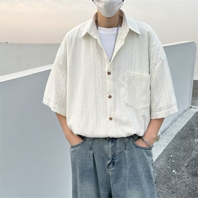 潮流百搭标准新款衬衫日常五分袖青春流行男夏季潮简约方领图片