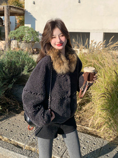 时髦复古大毛领保暖羊羔毛外套冬新款流行洋气短款皮毛一体，女装皮草，纯色衣恋