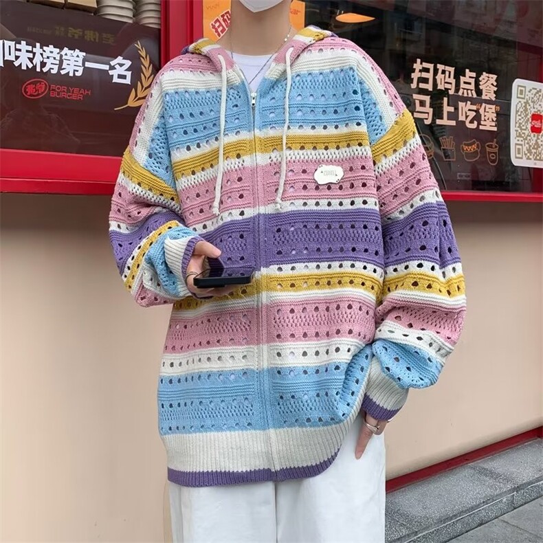 秋冬潮牌设计感彩色条纹开衫毛衣男小众镂空连帽针织衫MY244-P55,男装针织衫/毛衣,星座1109-3