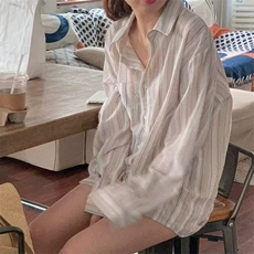 拉夏贝尔防晒条纹衬衫女夏季2025新款慵懒风宽松休闲长袖开衫上衣，男装衬衫，星座1210-1