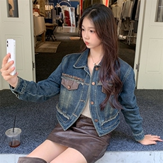 现货可推2024新款秋装港风复古简约宽松休闲气质水洗牛仔外套女，女装牛仔外套，网红馆