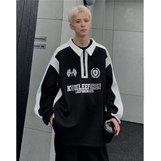 秋季美式复古POLO衫男新款重磅卫衣休闲撞色拼接上衣W83-P48，男装卫衣，电商C307