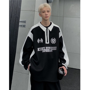 秋季美式复古POLO衫男新款重磅卫衣休闲撞色拼接上衣W83-P48图片