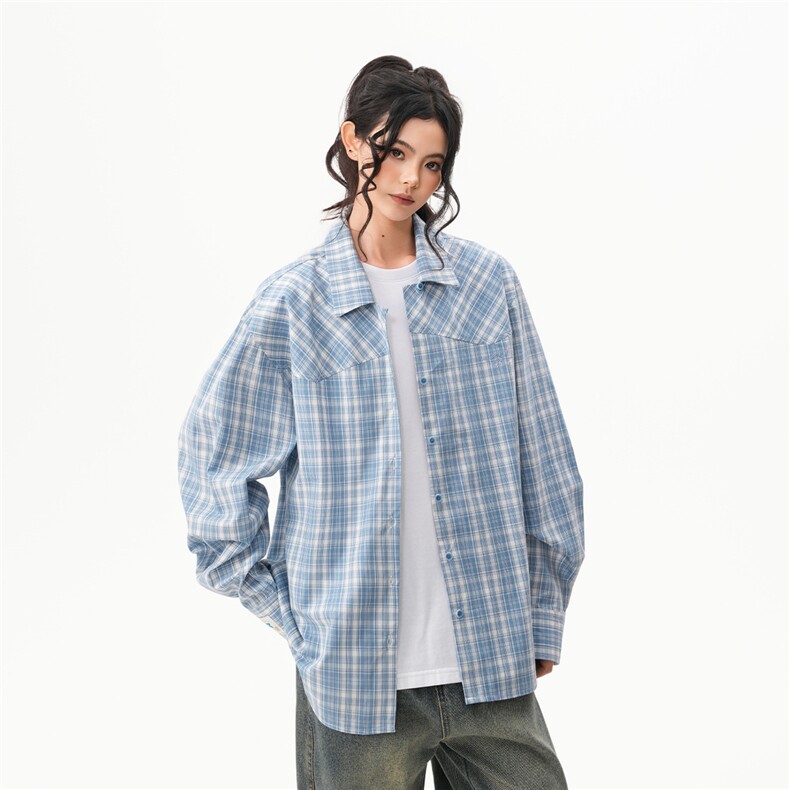 BWKA蓝色格子防晒衬衫女男2025春夏季潮牌古巴领衬衣宽松休闲外套，男装衬衫，星座1210-1