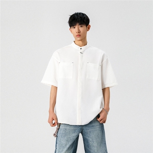 1新中式立领衬衫风暗扣工装大码M-5XL半袖衬衣男78013P48控78图片