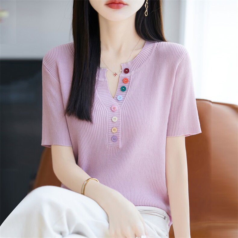 修身短袖T恤女夏季新款冰丝针织衫黑色显瘦半开领百搭上衣体恤衫,女装T恤,大美人包芯纱店