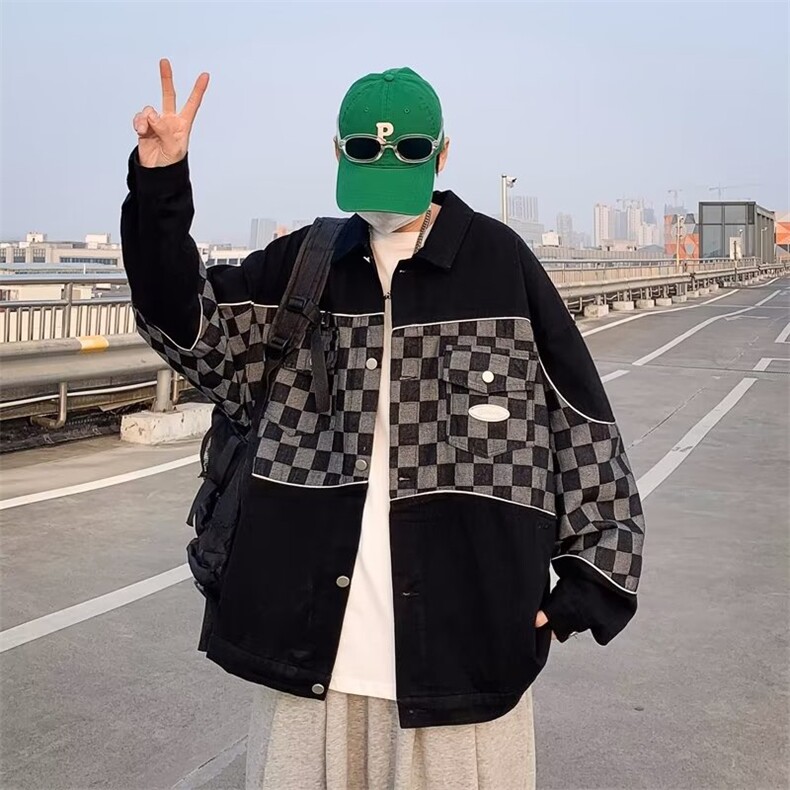 男秋季外套潮牌街头棋盘格反光条牛仔外套W99P65,男装夹克,星座1116-2