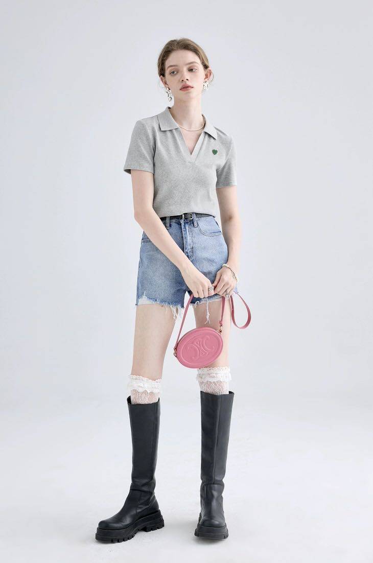 2025爱心针织t恤女2025夏款设计感polo领法式短袖，女装T恤，湘姗