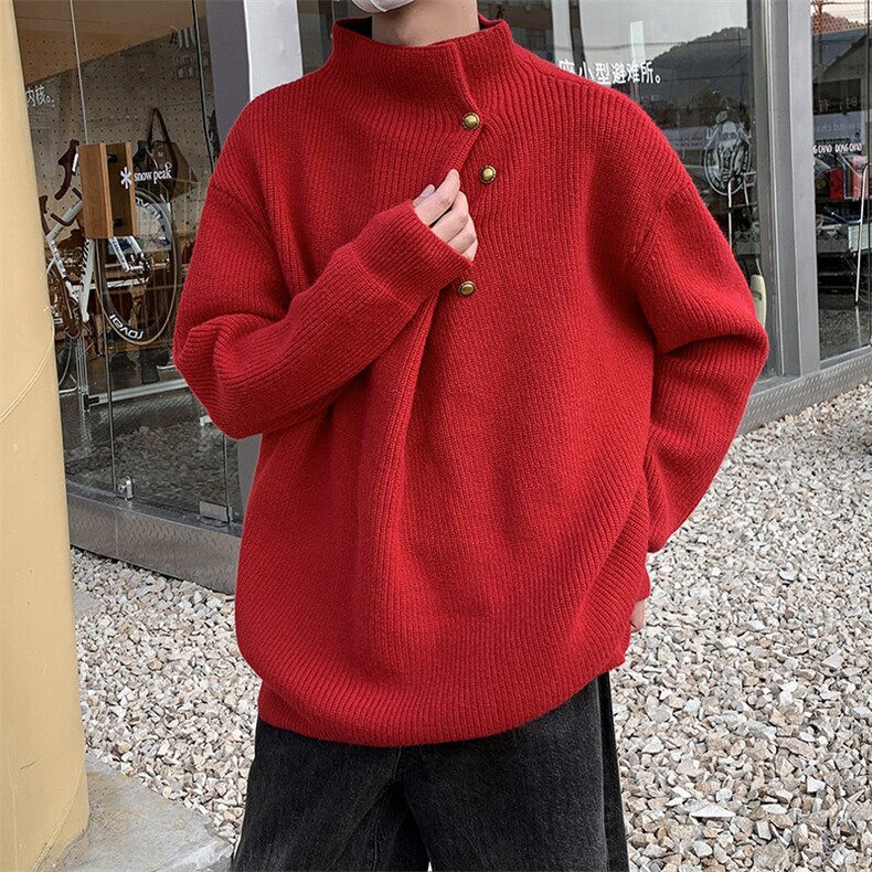 秋冬款男立领套头毛衣单排扣褶皱本命年红针织衫外套M6531P65，男装针织衫/毛衣，星座1013-1