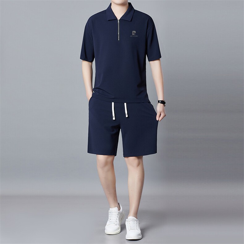 夏季男士短袖短裤套装简约时尚运动翻领套装休闲拉链两件套男装,男装休闲套装,钱塘6003（原4033）